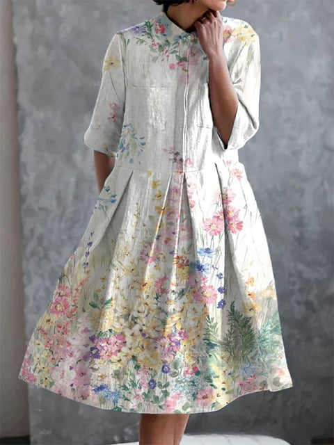 Elastisches Hanf kurzes Hemdblusenkleid, Blumenmuster, japanischer Urlaubsstil, Pendelrock m303187