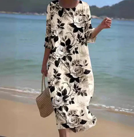 Loose crew neck fashion high-end long-sleeved printed dress m301053