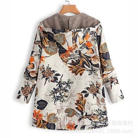 New women's clothing su leaf print hooded long-sleeved retro coat m301623