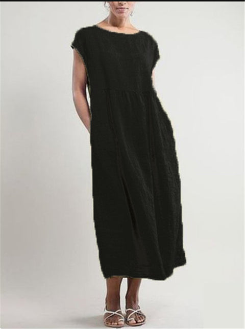Solid color sleeveless loose cotton and linen pocket dress m301608
