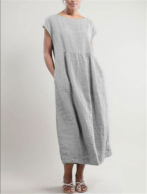 Solid color sleeveless loose cotton and linen pocket dress m301608