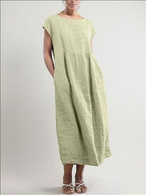 Solid color sleeveless loose cotton and linen pocket dress m301608
