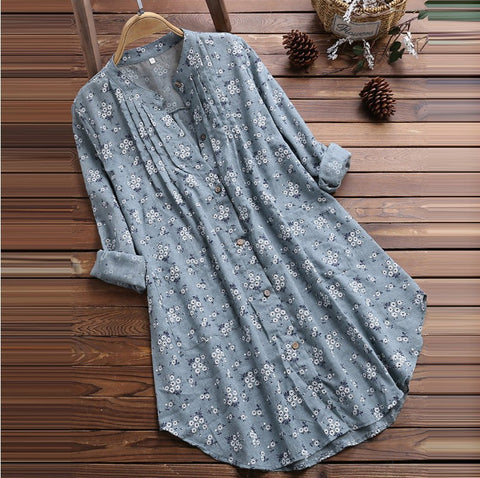 Women's shirt V-neck pleated flower print long-sleeved casual top shirt m301874