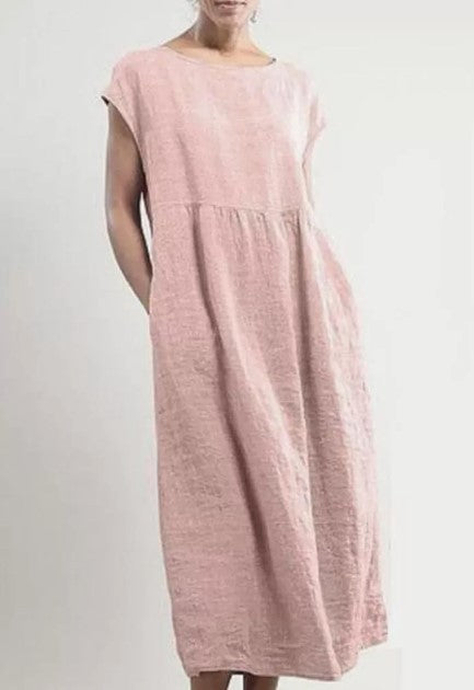 Solid color sleeveless loose cotton and linen pocket dress m301608