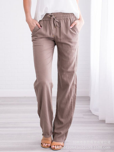 Solid color cotton and linen loose drawstring casual wide-leg trousers women's m301572