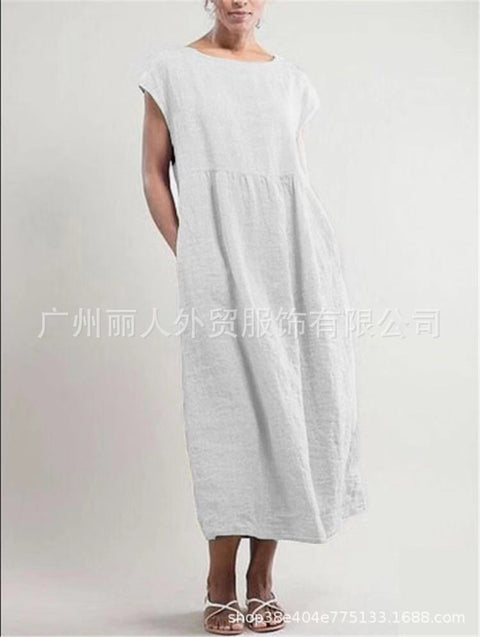 Solid color sleeveless loose cotton and linen pocket dress m301608