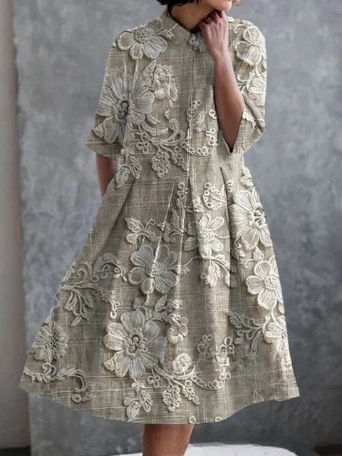 Elastisches Hanf kurzes Hemdblusenkleid, Blumenmuster, japanischer Urlaubsstil, Pendelrock m303187