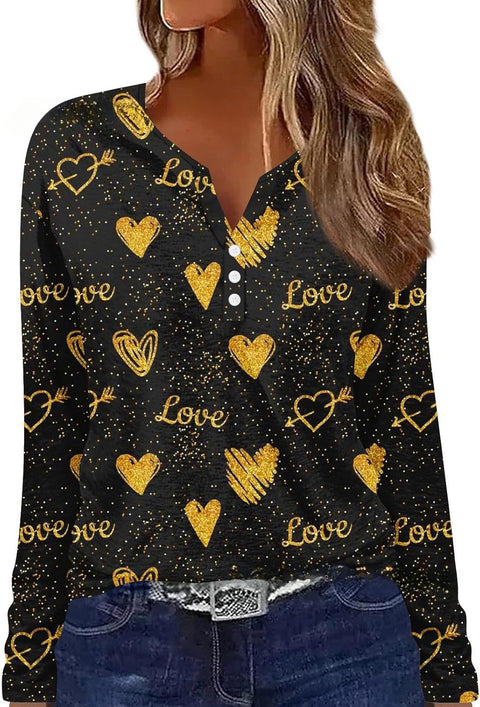 Printed V-neck V-neck three-button long-sleeved T-shirt m300618