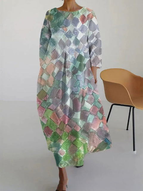 Women's loose crew neck fashion high-end long-sleeved printed dress m301049