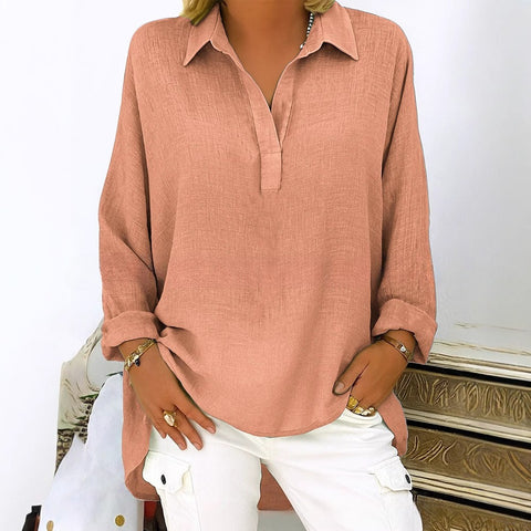 Solid color casual loose long-sleeved Tencel bamboo V-neck shirt m302096