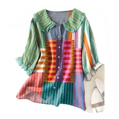 Linglong hemp 3D digital printing abstract, women's long-sleeved buckle lapel shirt m303181