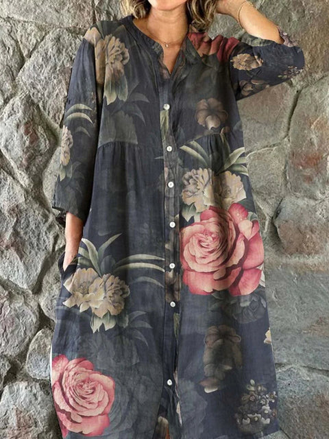 Women's Loose Crew Neck Fashion Premium Long Sleeve Printed Shirt Dress m301050