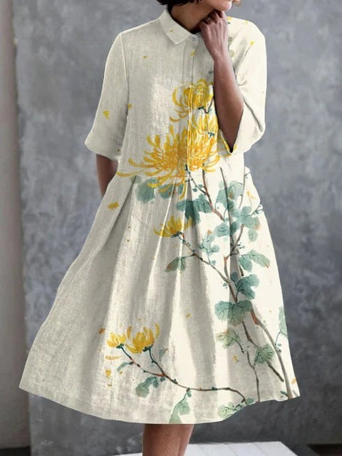 Elastisches Hanf kurzes Hemdblusenkleid, Blumenmuster, japanischer Urlaubsstil, Pendelrock m303187