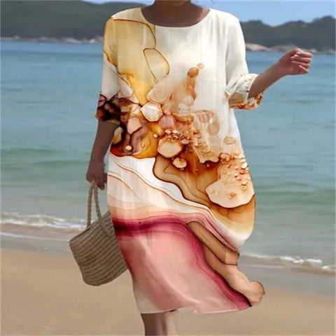 Loose Crew Neck Fashion Premium Long Sleeve Printed Dress m301045