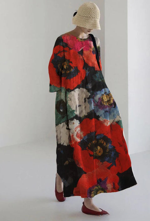 Loose crew neck fashion high-end long-sleeved printed dress m301054