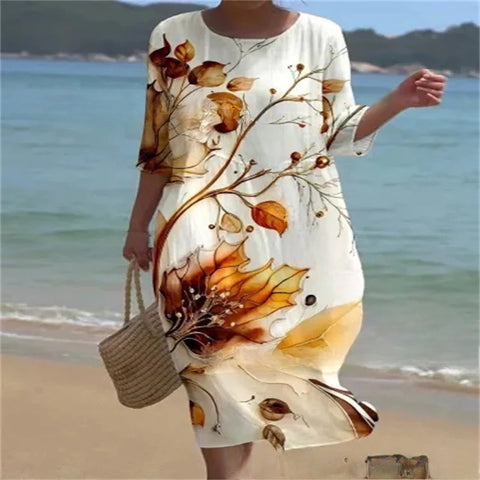 Loose Crew Neck Fashion Premium Long Sleeve Printed Dress m301045