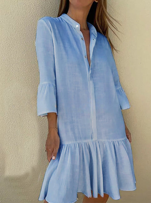 Spring and summer stand-up collar pure cotton and linen solid color ruffle hem dress m300724