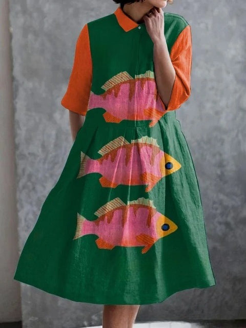 Elastisches Hanf kurzes Hemdblusenkleid, Blumenmuster, japanischer Urlaubsstil, Pendelrock m303187