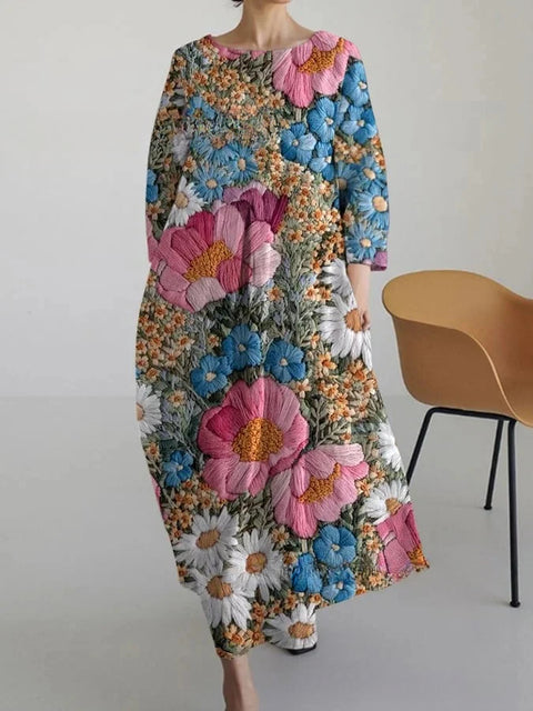 Women's loose crew neck fashion high-end long-sleeved printed dress m301049