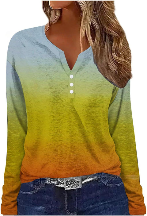 Printed V-neck V-neck three-button long-sleeved T-shirt m300618