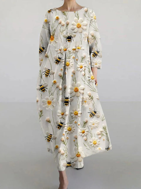 Women's loose crew neck fashion high-end long-sleeved printed dress m301049