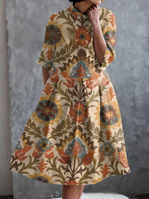 Elastisches Hanf kurzes Hemdblusenkleid, Blumenmuster, japanischer Urlaubsstil, Pendelrock m303187