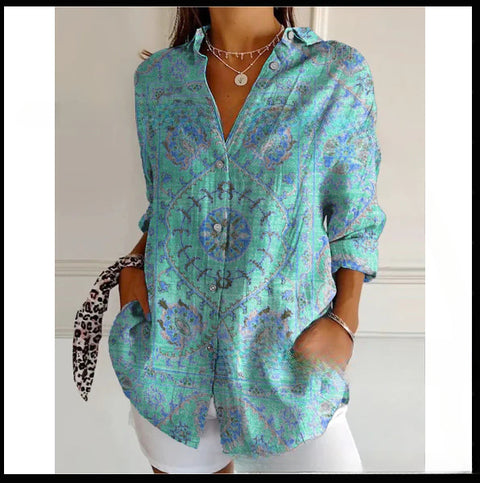 3D digital printing abstract pattern women's long-sleeved buckle linen shirt m301277