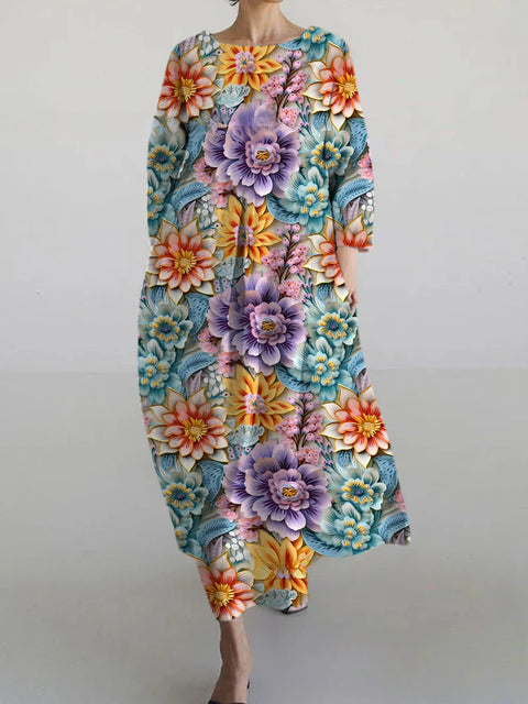 Women's loose crew neck fashion high-end long-sleeved printed dress m301049