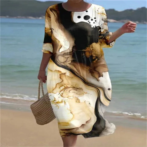 Loose Crew Neck Fashion Premium Long Sleeve Printed Dress m301045