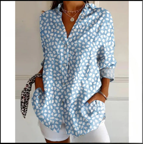 3D digital printing abstract pattern women's long-sleeved buckle linen shirt m301277