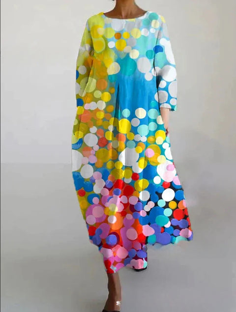 Women's loose crew neck fashion high-end long-sleeved printed dress m301049