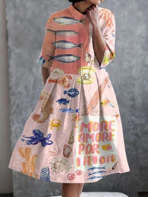Elastisches Hanf kurzes Hemdblusenkleid, Blumenmuster, japanischer Urlaubsstil, Pendelrock m303187