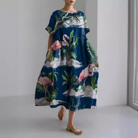 Women's loose crew neck fashion high-end short-sleeved printed dress m301052