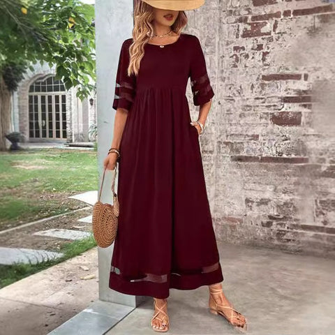 Large size women's five-quarter sleeve mesh crew neck splicing pocket dress m302052