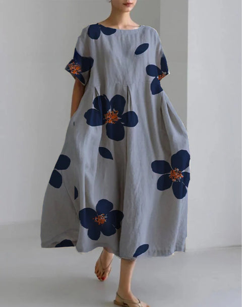 Women's loose crew neck fashion high-end short-sleeved printed dress m301052