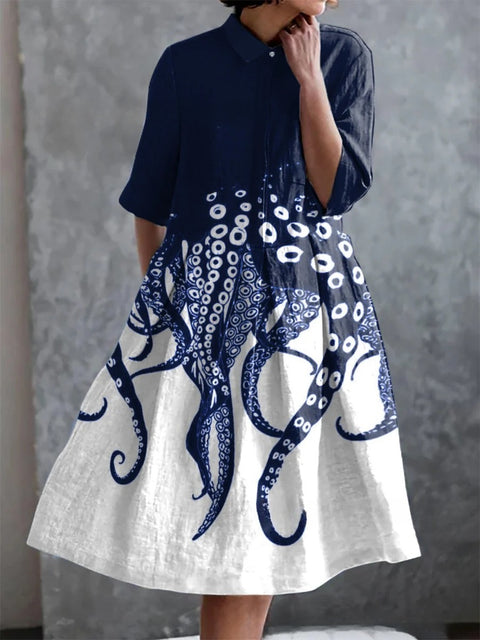 Elastisches Hanf kurzes Hemdblusenkleid, Blumenmuster, japanischer Urlaubsstil, Pendelrock m303187