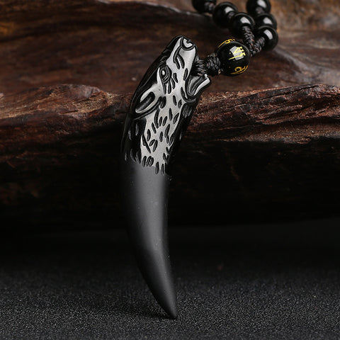 Wolf tooth pendant, natural ice obsidian couple necklace, crystal jewelry m3331247