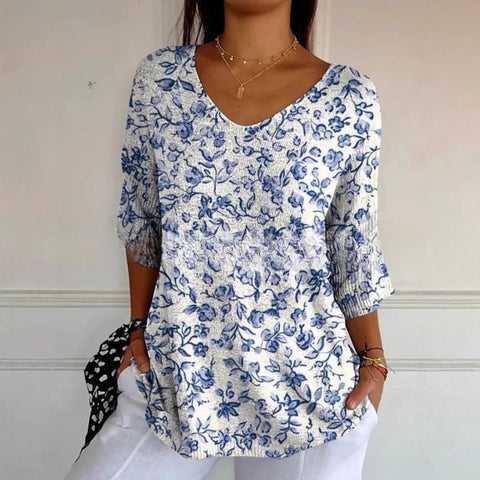 V-neck 3D printed geometric pattern five-quarter sleeve T-shirt top m302777