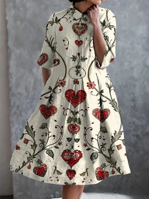 Elastisches Hanf kurzes Hemdblusenkleid, Blumenmuster, japanischer Urlaubsstil, Pendelrock m303187