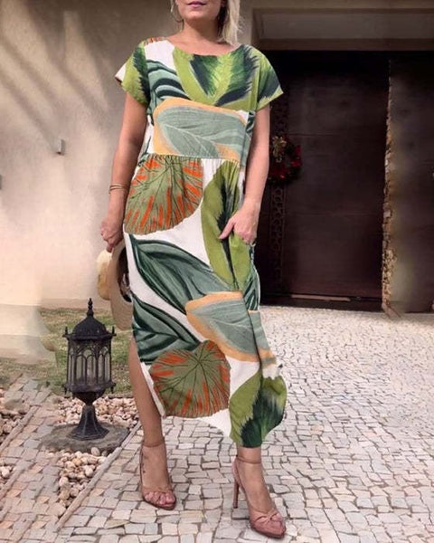 Loose round neck split button fashionable printed long dress loose m302072