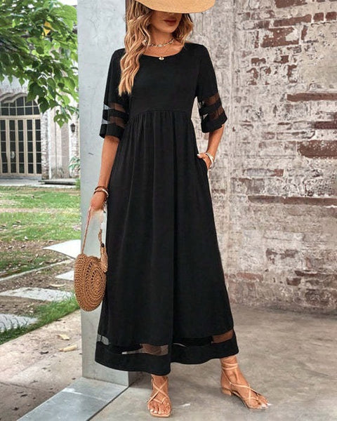 Large size women's five-quarter sleeve mesh crew neck splicing pocket dress m302052