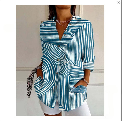 3D digital printing abstract pattern women's long-sleeved buckle linen shirt m301277