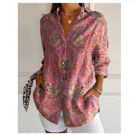3D digital printing abstract pattern women's long-sleeved buckle linen shirt m302749-01