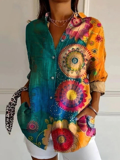 3D digital printing abstract pattern women's long-sleeved buckle linen shirt m301277