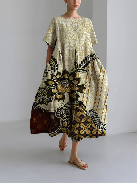 Women's loose crew neck fashion high-end short-sleeved printed dress m301052