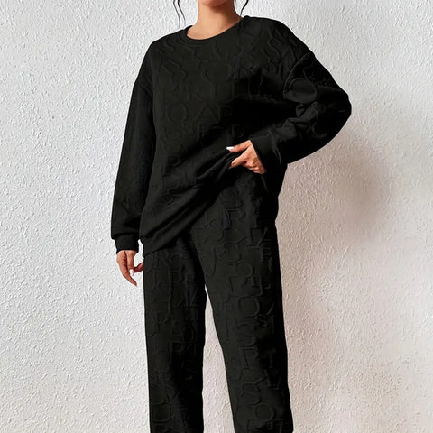 Women's twist splicing long-sleeved crew neck top corset trousers two-piece set m302008