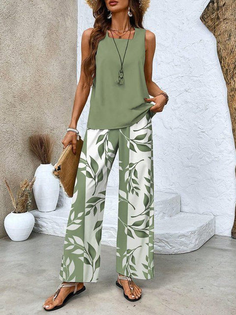 Casual square neck pullover vest plus trousers digital printing women's two pieces m301436