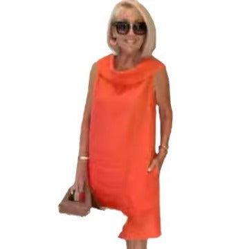 Medium and long dress red loose waist cotton and linen solid color sweet pullover dress m302047