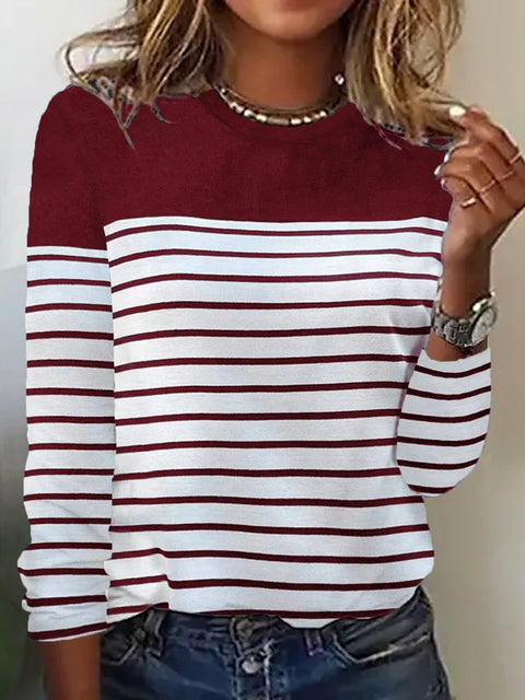Long Sleeve Striped Two-Color Printed Splicing Crew Neck Top T-Shirt m300892