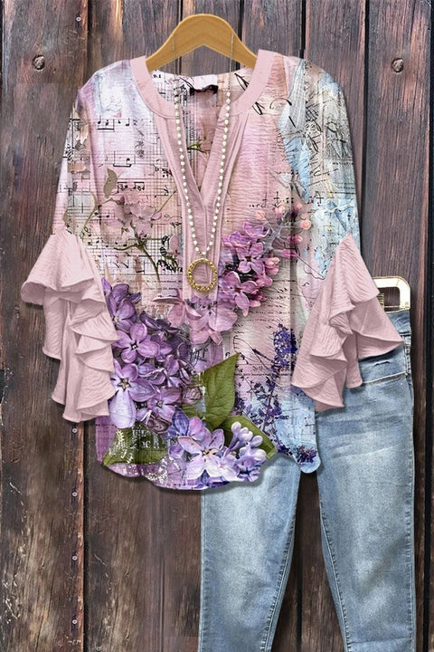 Digital printing casual trend V-neck lotus edge T-shirt women's m302725-1